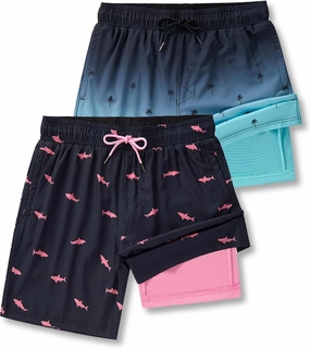 2 Pack: Men's 7" Swim Trunks with Compression Liner, Quick Dry Stretch Swimming Shorts Bathing Suits Swimwear