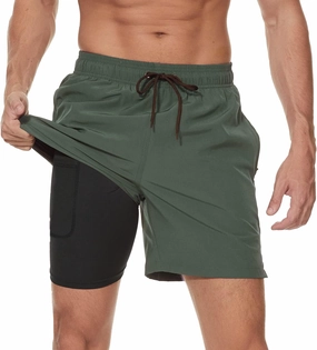 Arcweg Mens Swim Trunks with Compression Liner 2 in 1 Beach Swimming Trunks Quick Dry Swim Shorts with Zipper Pockets