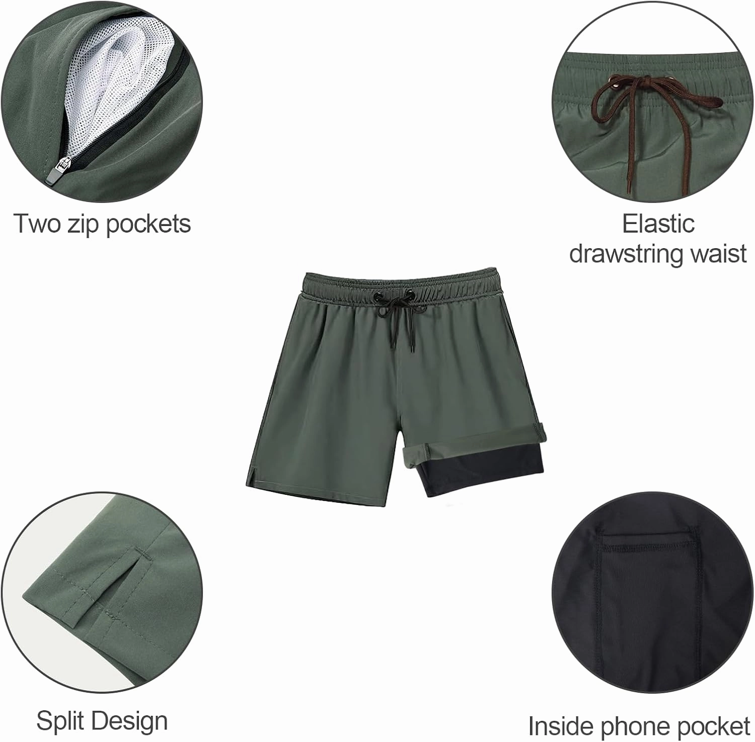 Arcweg Mens Swim Trunks with Compression Liner 2 in 1 Beach Swimming Trunks Quick Dry Swim Shorts with Zipper Pockets