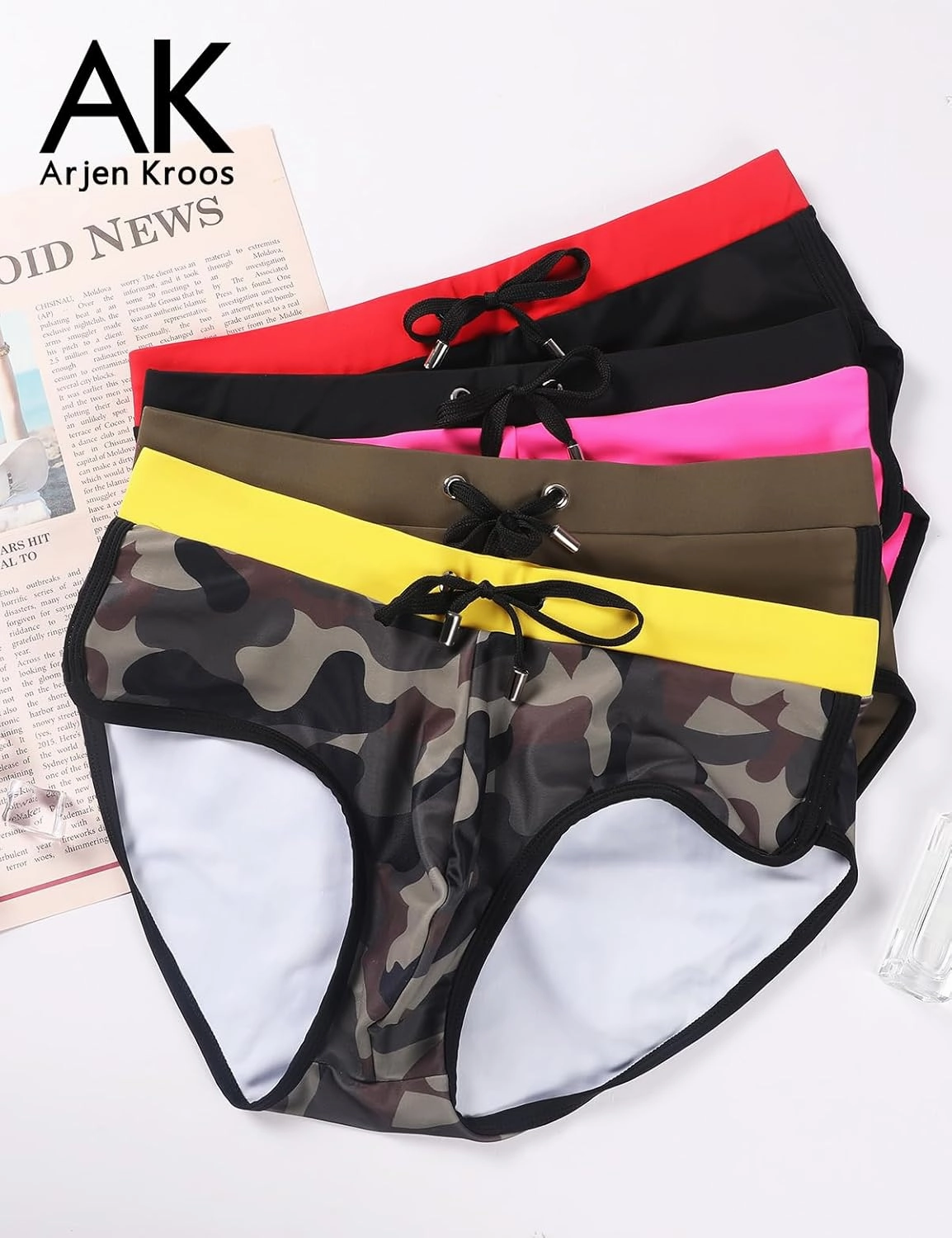 Arjen Kroos Men's Swim Briefs Sexy Bikini Contrast Color Swimsuit Swimming Briefs with Drawstring