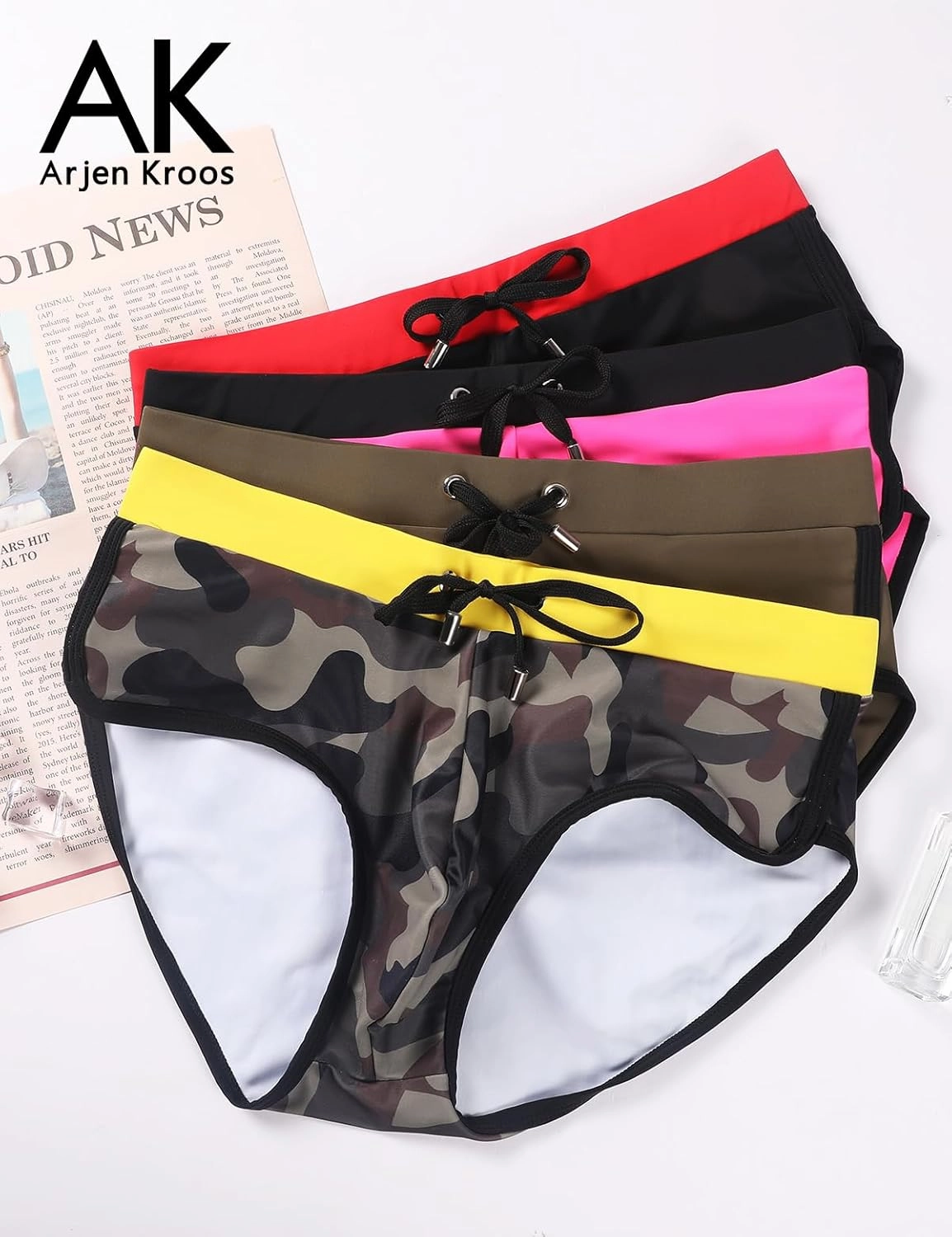 Arjen Kroos Men's Swim Briefs Sexy Bikini Contrast Color Swimsuit Swimming Briefs with Drawstring
