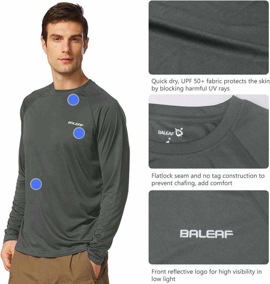 baleaf Men's Sun Protection Shirts UV SPF UPF 50  Long Sleeve Rash Guard Fishing Running Quick Dry Lightweight
