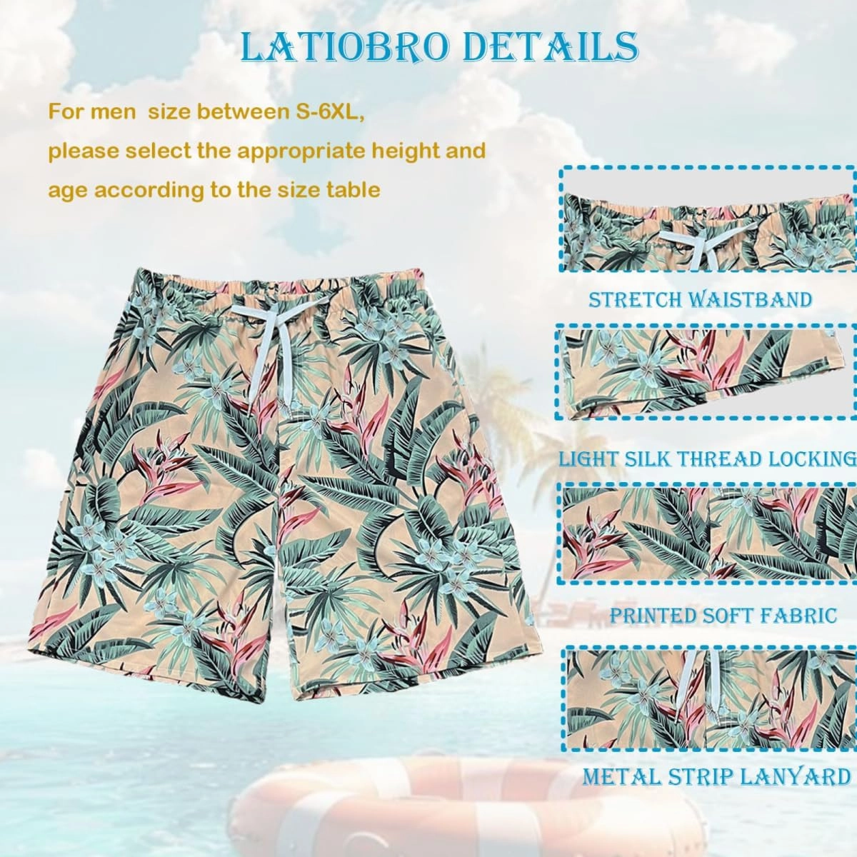 Beach Shorts for Men Summer 3-Pockets Quick-Dry Tropical Tree Printing Lace-Up Beach Shorts Swim Trunks Mens