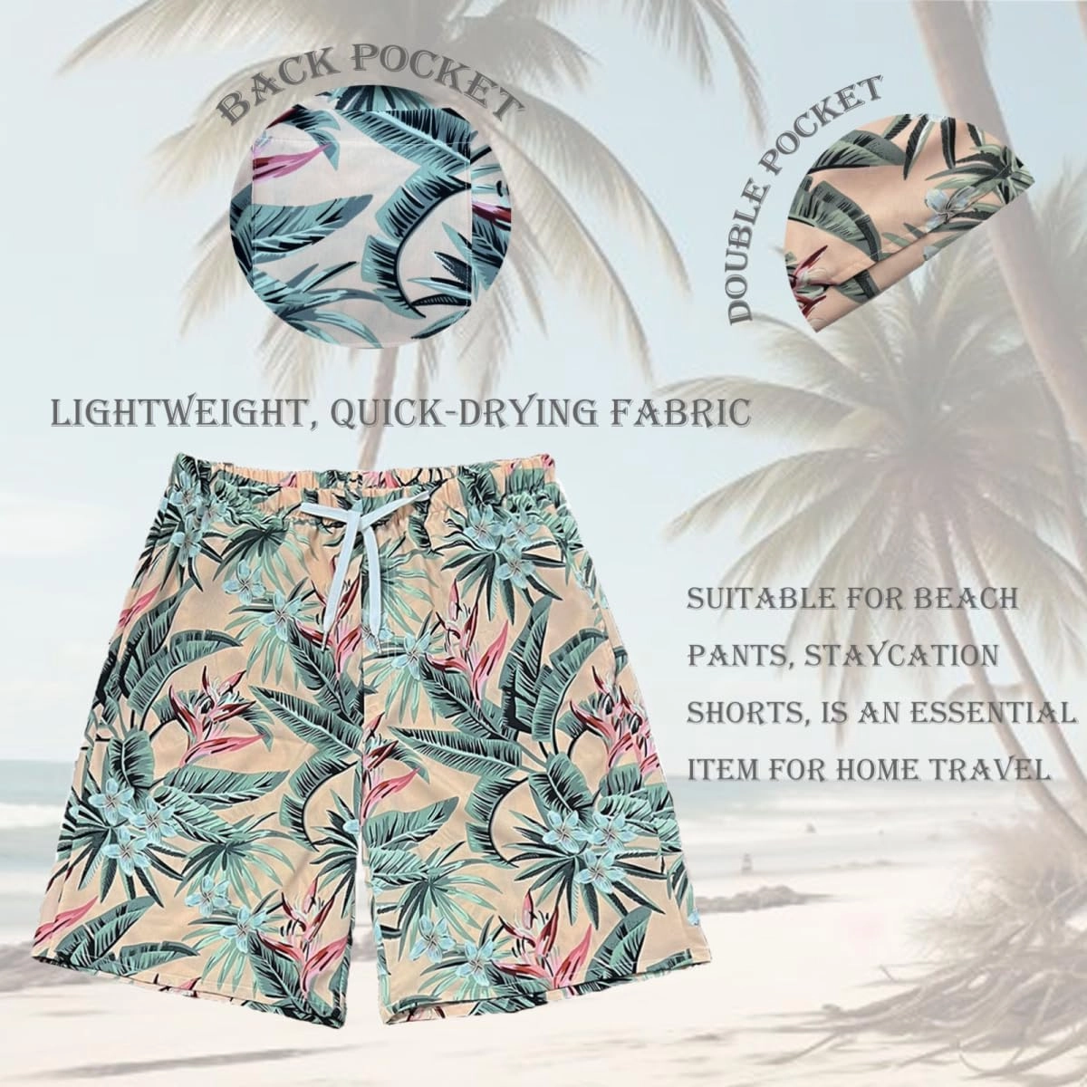 Beach Shorts for Men Summer 3-Pockets Quick-Dry Tropical Tree Printing Lace-Up Beach Shorts Swim Trunks Mens