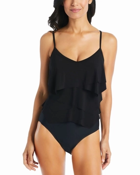 Beyond Control Swimwear Solid Essentials Geometric Overlay One Piece
