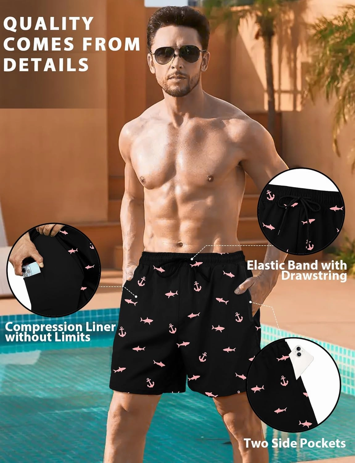 Buauty Mens Swim Trunks with Compression Liner 5 Inch Inseam Swim Shorts Quick Dry Mens Swimsuit Board Shorts with Pockets