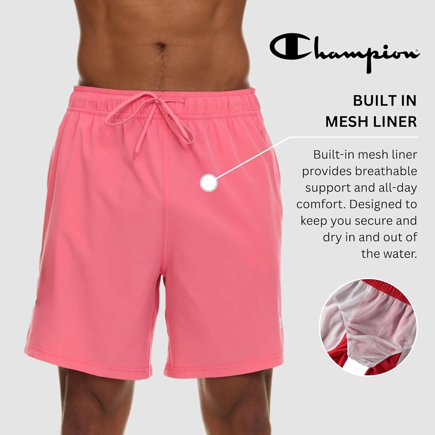 Champion Mens Swim Trunks with Mesh Liner, Quick Drying Mens Bathing Suit, Board Shorts for Swimming and Beach