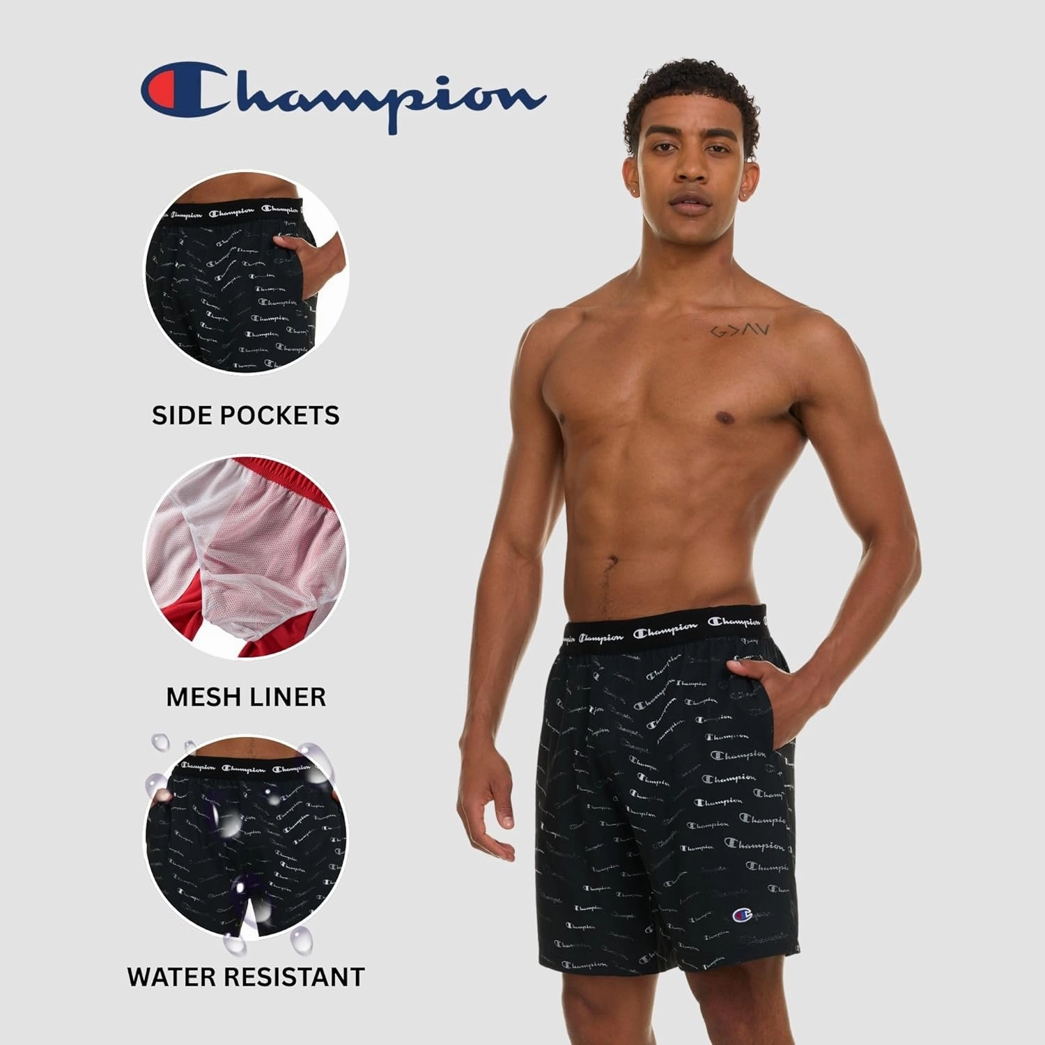 Champion Mens Swim Trunks with Mesh Liner, Quick Drying Mens Bathing Suit, Board Shorts for Swimming and Beach