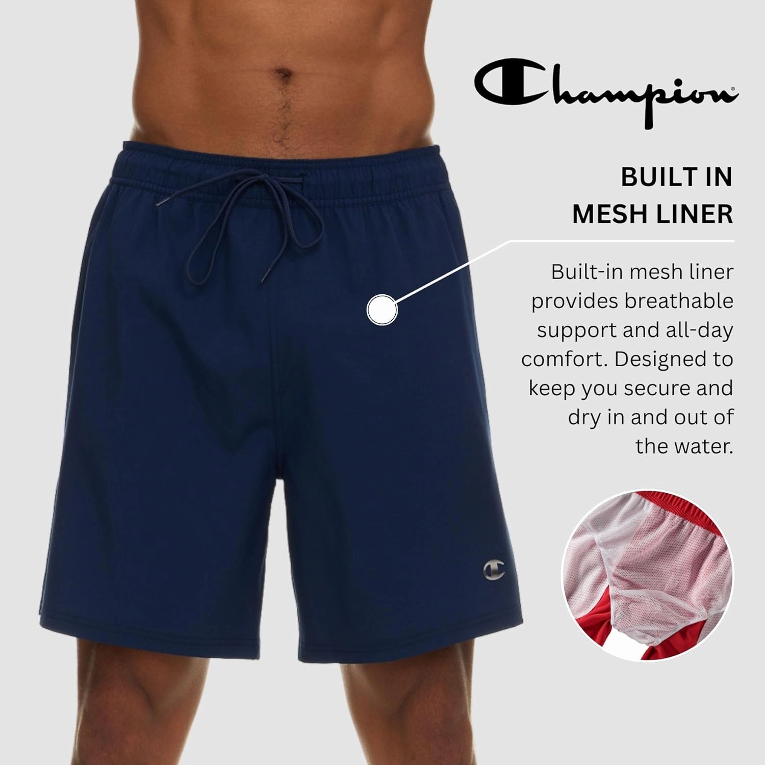 Champion Mens Swim Trunks with Mesh Liner, Quick Drying Mens Bathing Suit, Board Shorts for Swimming and Beach