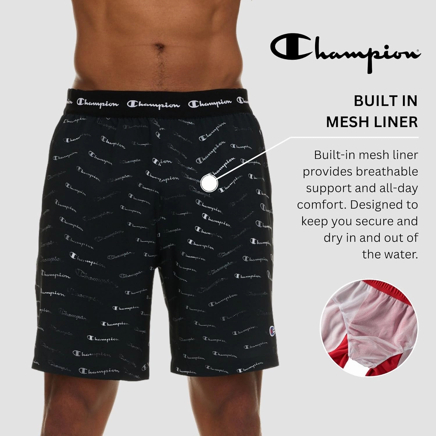 Champion Mens Swim Trunks with Mesh Liner, Quick Drying Mens Bathing Suit, Board Shorts for Swimming and Beach