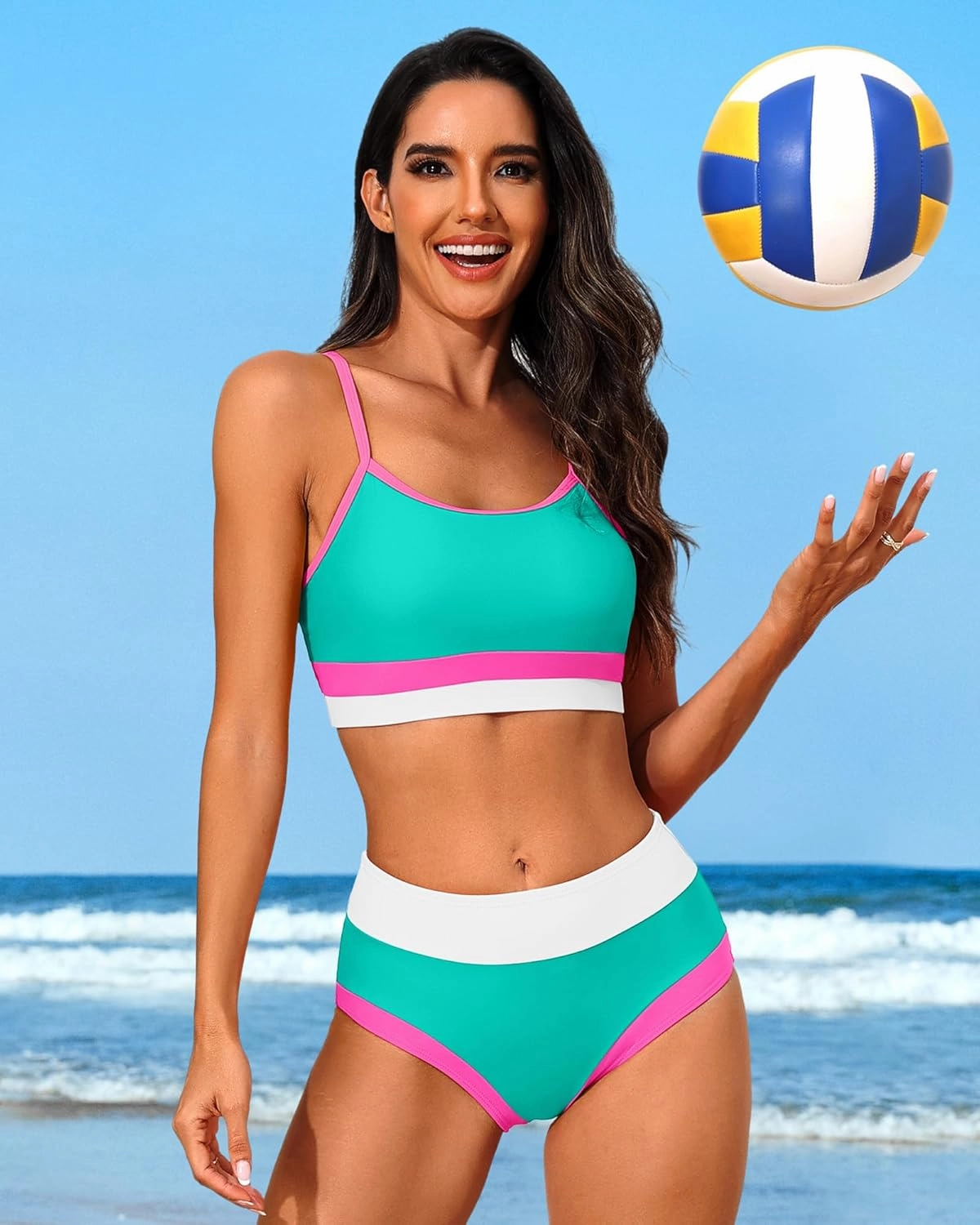 Charmo Women High Waisted Bikini Sets Sporty Color Block Two Piece Swimsuit Scoop Neck Bathing Suits Swimwear