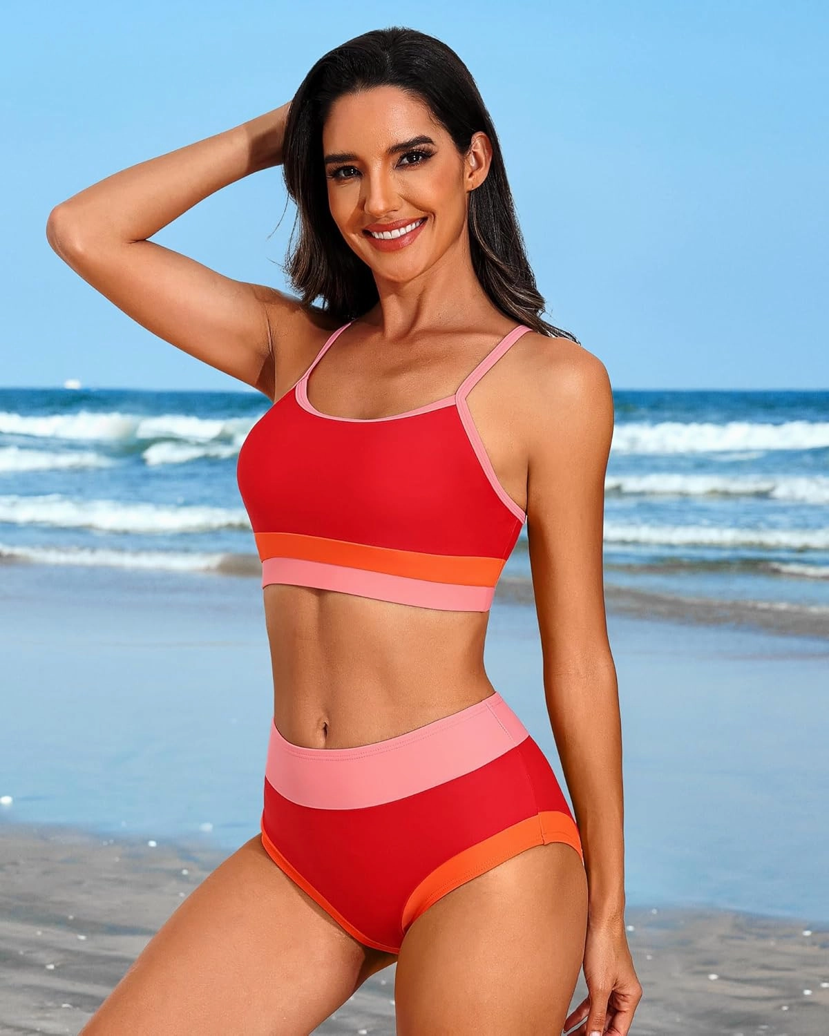 Charmo Women High Waisted Bikini Sets Sporty Color Block Two Piece Swimsuit Scoop Neck Bathing Suits Swimwear