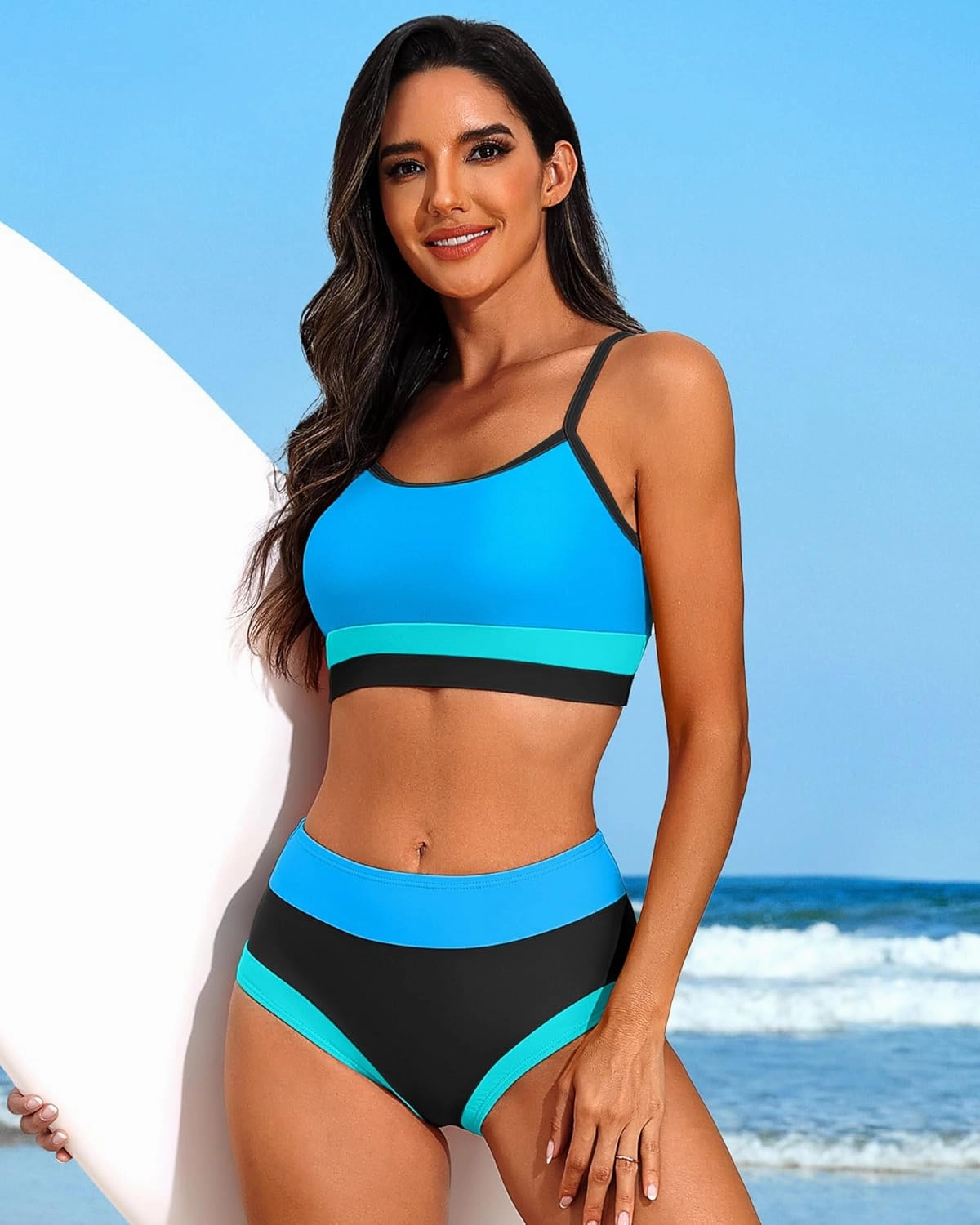 Charmo Women High Waisted Bikini Sets Sporty Color Block Two Piece Swimsuit Scoop Neck Bathing Suits Swimwear