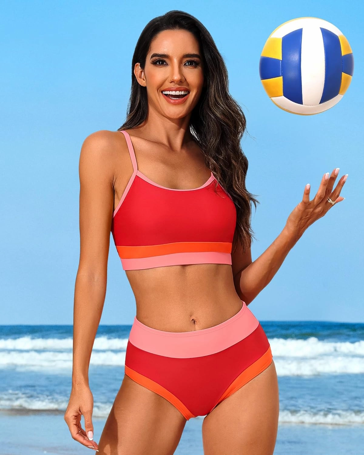 Charmo Women High Waisted Bikini Sets Sporty Color Block Two Piece Swimsuit Scoop Neck Bathing Suits Swimwear