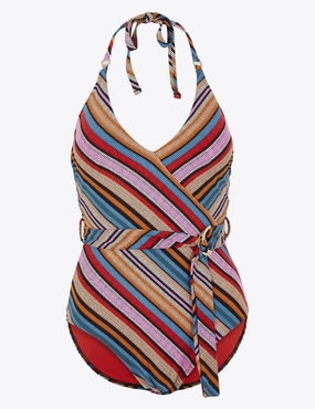 Chevron Printed Belted Halter Neck Swimsuit