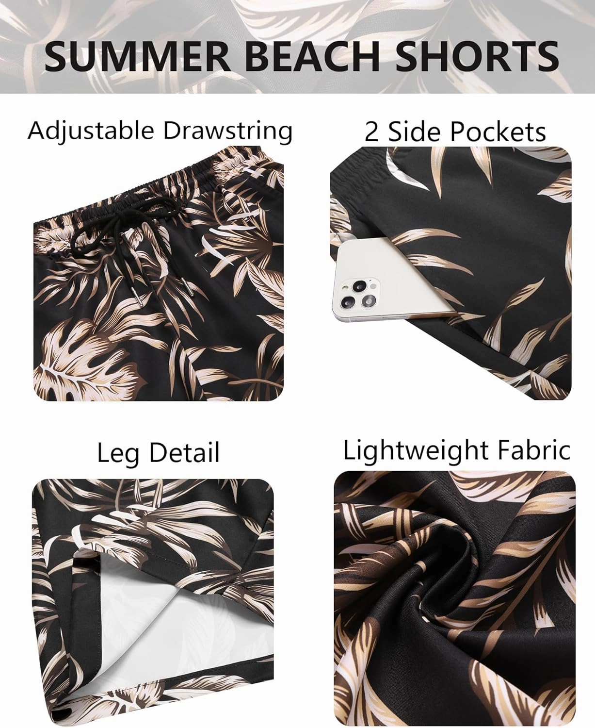 COOFANDY Men's Hawaiian Beach Shorts Elastic Waist Drawstring Lightweight Summer Casual Shorts with Pocket