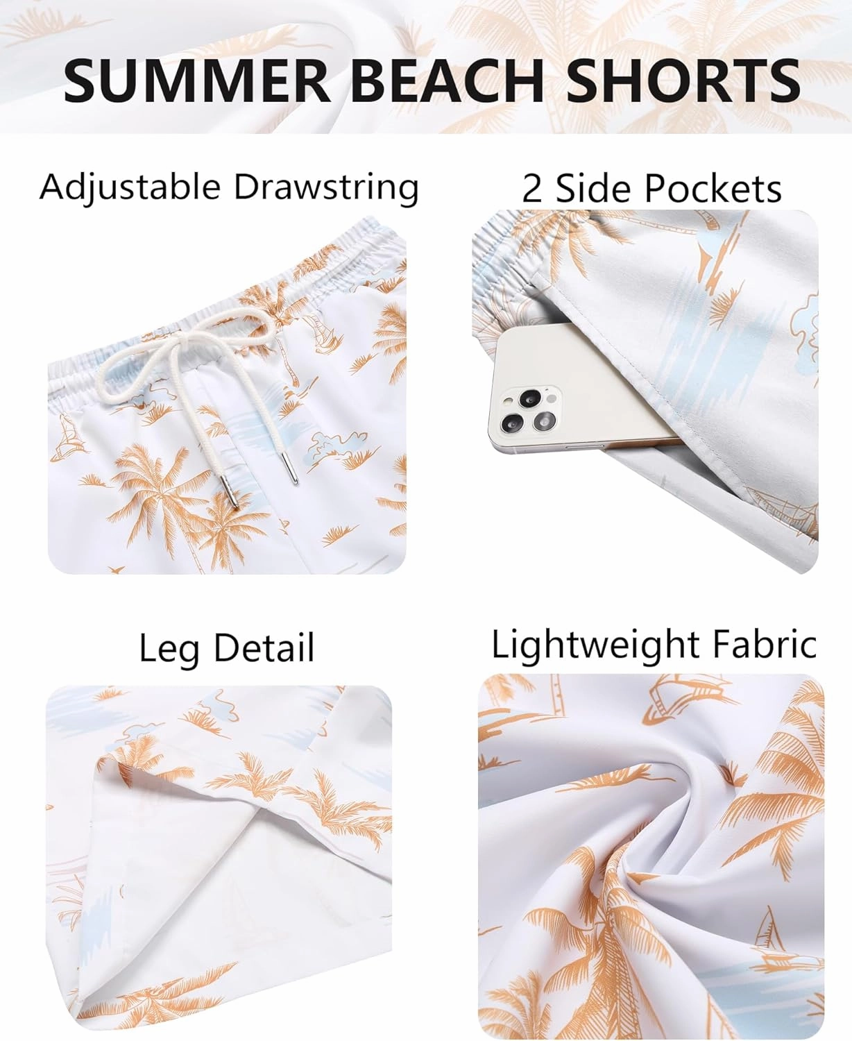 COOFANDY Men's Hawaiian Beach Shorts Elastic Waist Drawstring Lightweight Summer Casual Shorts with Pocket