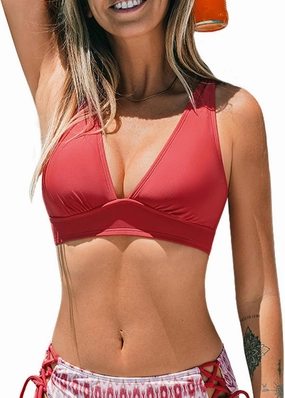 CUPSHE Women's Bikini Top V Neck Triangle Top Wide Straps Cross Back Lace up