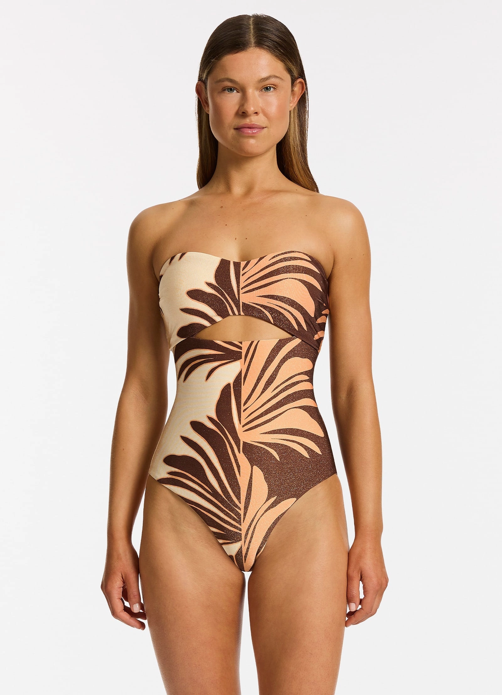 Dahlia Palm Cut Out Bandeau One Piece - Chocolate