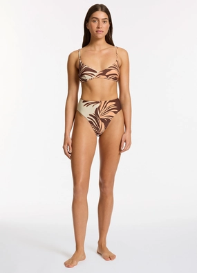 Dahlia Palm High Leg High Waist Bikini Bottom - Chocolate