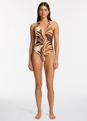 Dahlia Palm Plunge One Piece - Chocolate