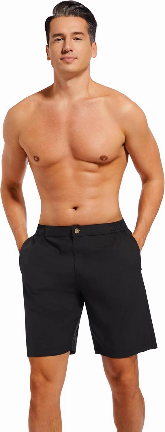 difficort Mens Swim Trunks with Compression Liner 9" Zipper Fly Bathing Suits Quick Dry Swimming Shorts with Zipper Pockets