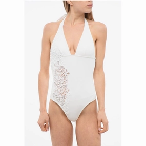 Ermanno Scervino Solid Color One Piece Swimsuit with Open Back and Lace Women's Side