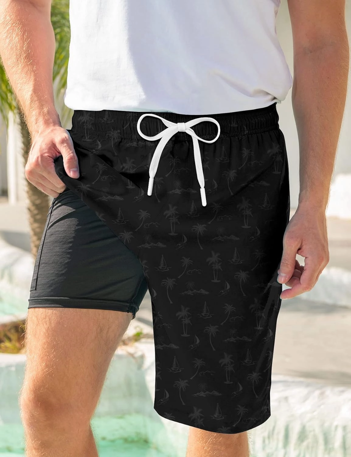 Goodstoworld Men's Funny Swim Trunks with Compression Liner 2 in 1 Quick-Dry 9" Stretch Shorts with Three Pockets