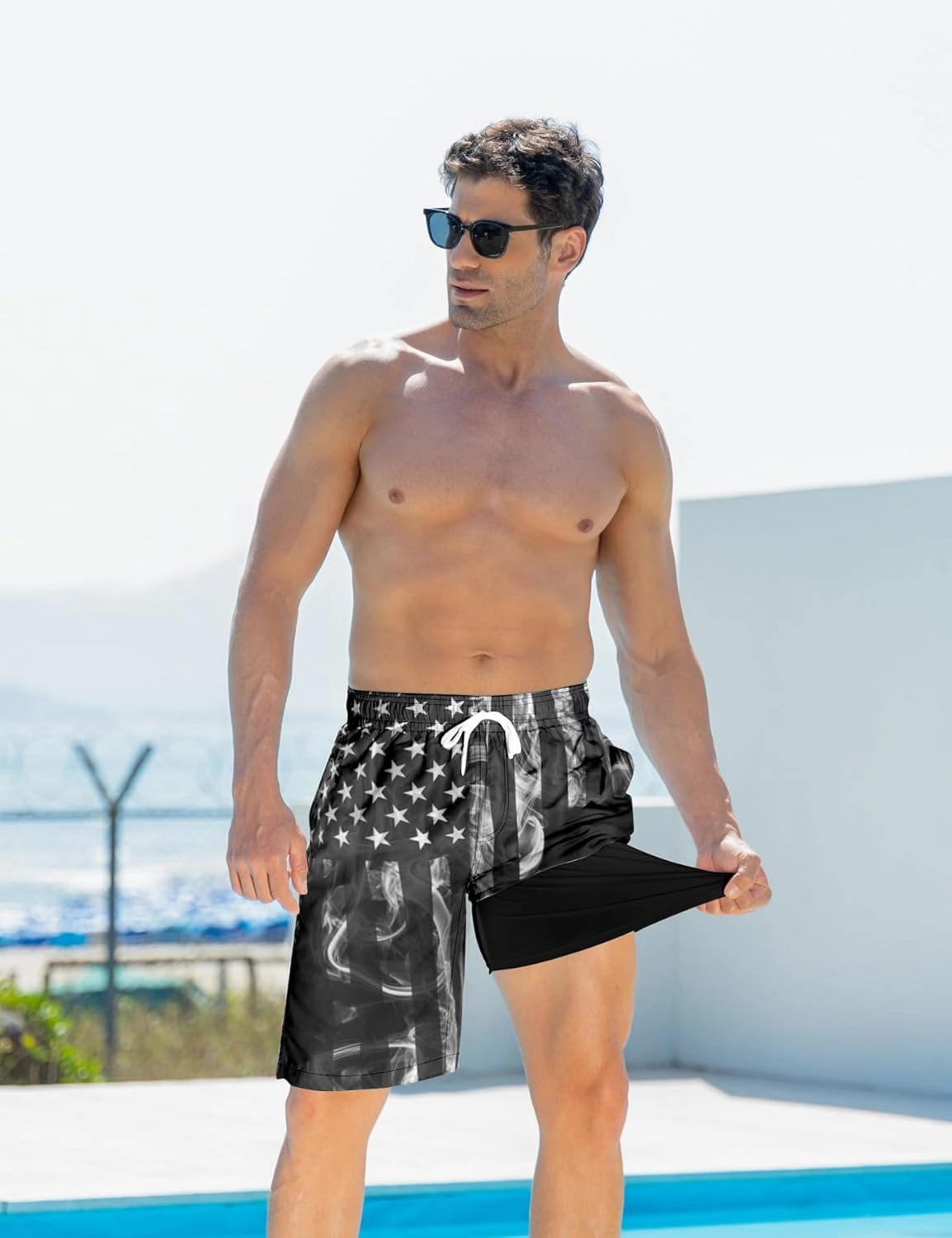 Goodstoworld Men's Funny Swim Trunks with Compression Liner 2 in 1 Quick-Dry 9" Stretch Shorts with Three Pockets