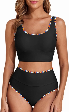 Herseas 2 Piece Bikini Set for Women Color Block 2025 Sporty Longline Swim Top with High Waisted Swimsuit Bottom