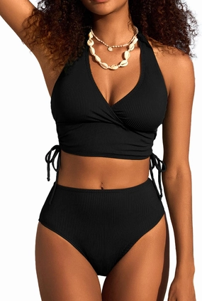 Herseas Women 2 Piece High Waisted Bikini Set V Neck Halter Drawstring Sides Ruched Swim 2025 Summer Bathing Suit