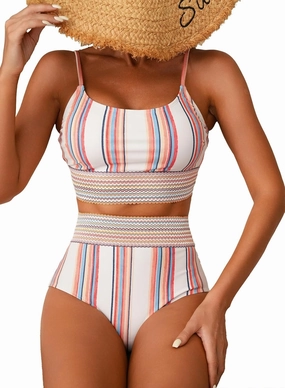 Herseas Women's Bikini Sets Colorblock Trim 2 Piece High Waisted Swimsuit Scoop Neck Adjustable Spaghetti Straps Bathing Suit