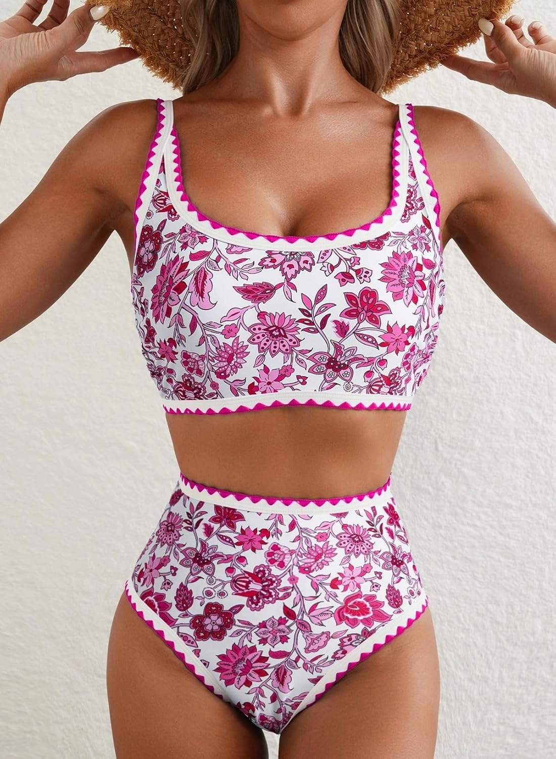 Herseas Women's Bikini Sets Floral Print Whip Stitch 2 Piece Swimsuits High Waisted Scoop Bathing Suits