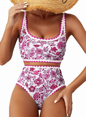 Herseas Women's Bikini Sets Floral Print Whip Stitch 2 Piece Swimsuits High Waisted Scoop Bathing Suits