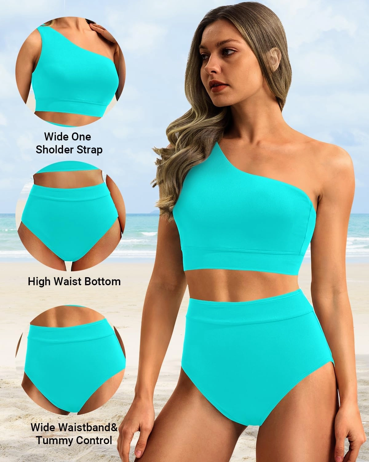 Holipick Women One Shoulder High Waisted Bikini Sets Two Piece Swimsuit Tummy Control Bathing Suit Full Coverage Swimwear
