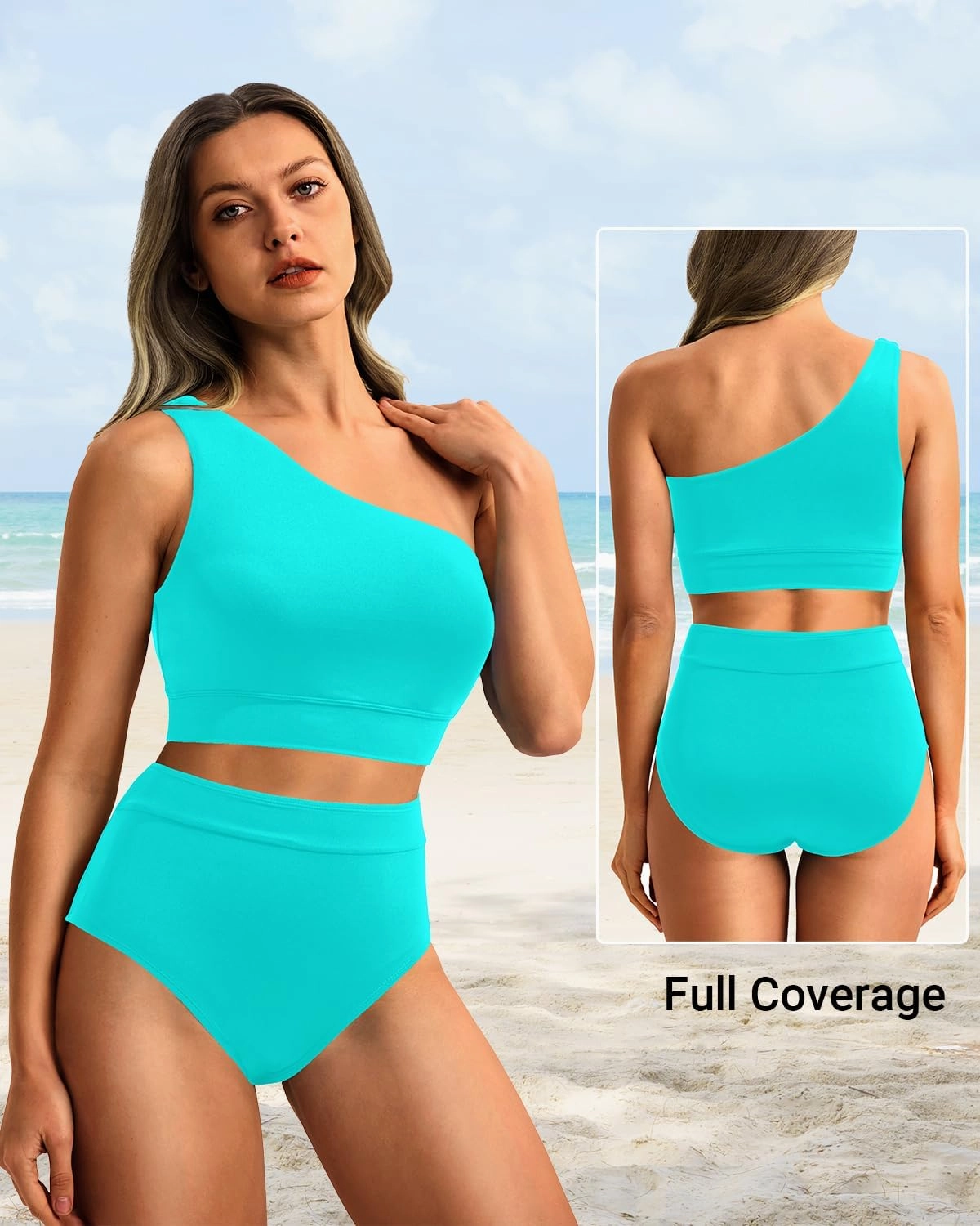 Holipick Women One Shoulder High Waisted Bikini Sets Two Piece Swimsuit Tummy Control Bathing Suit Full Coverage Swimwear