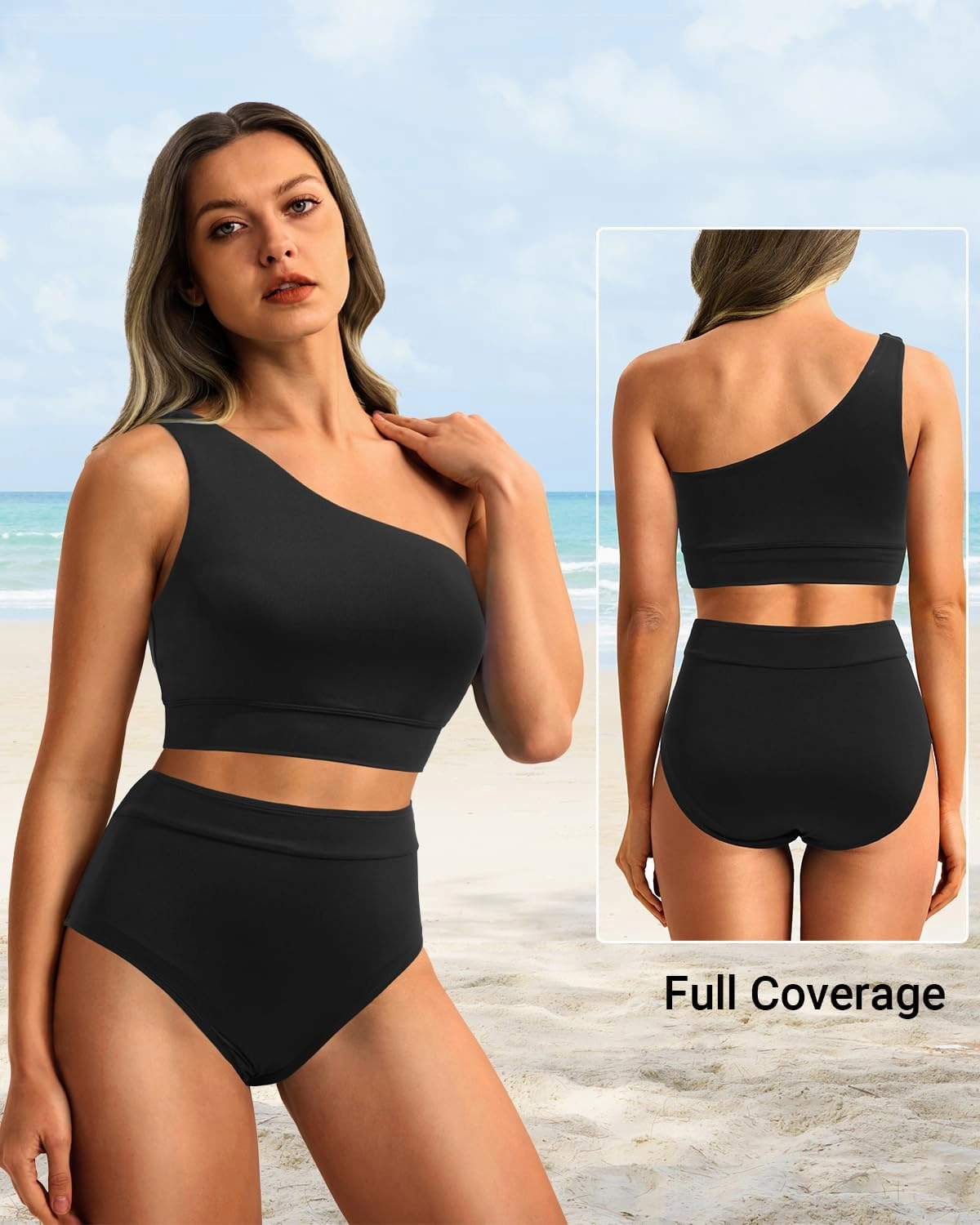Holipick Women One Shoulder High Waisted Bikini Sets Two Piece Swimsuit Tummy Control Bathing Suit Full Coverage Swimwear