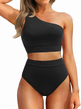 Holipick Women One Shoulder High Waisted Bikini Sets Two Piece Swimsuit Tummy Control Bathing Suit Full Coverage Swimwear