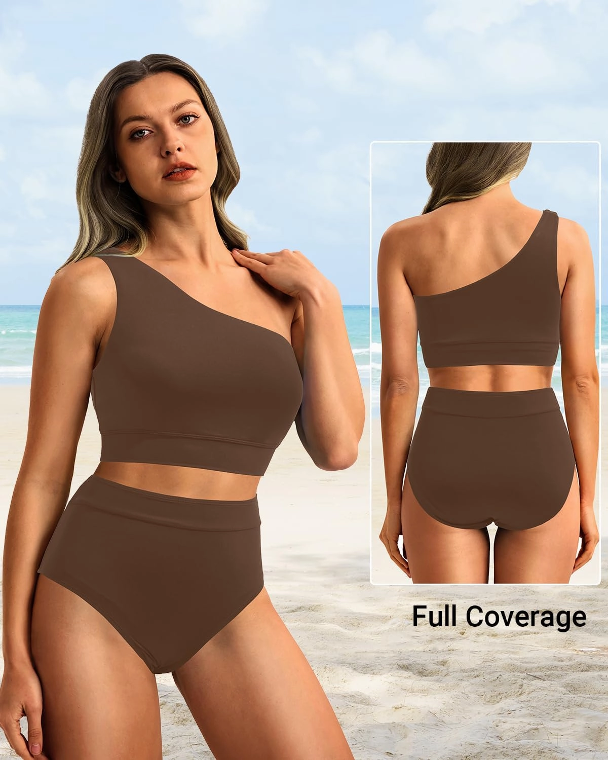 Holipick Women One Shoulder High Waisted Bikini Sets Two Piece Swimsuit Tummy Control Bathing Suit Full Coverage Swimwear