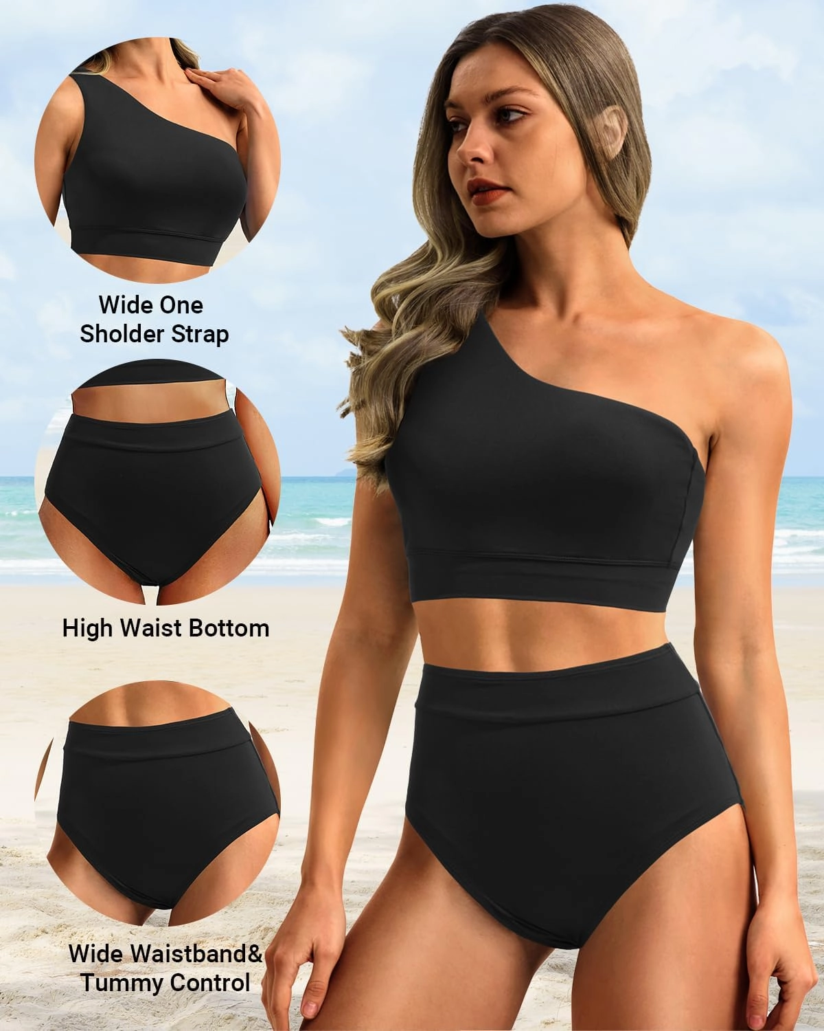 Holipick Women One Shoulder High Waisted Bikini Sets Two Piece Swimsuit Tummy Control Bathing Suit Full Coverage Swimwear