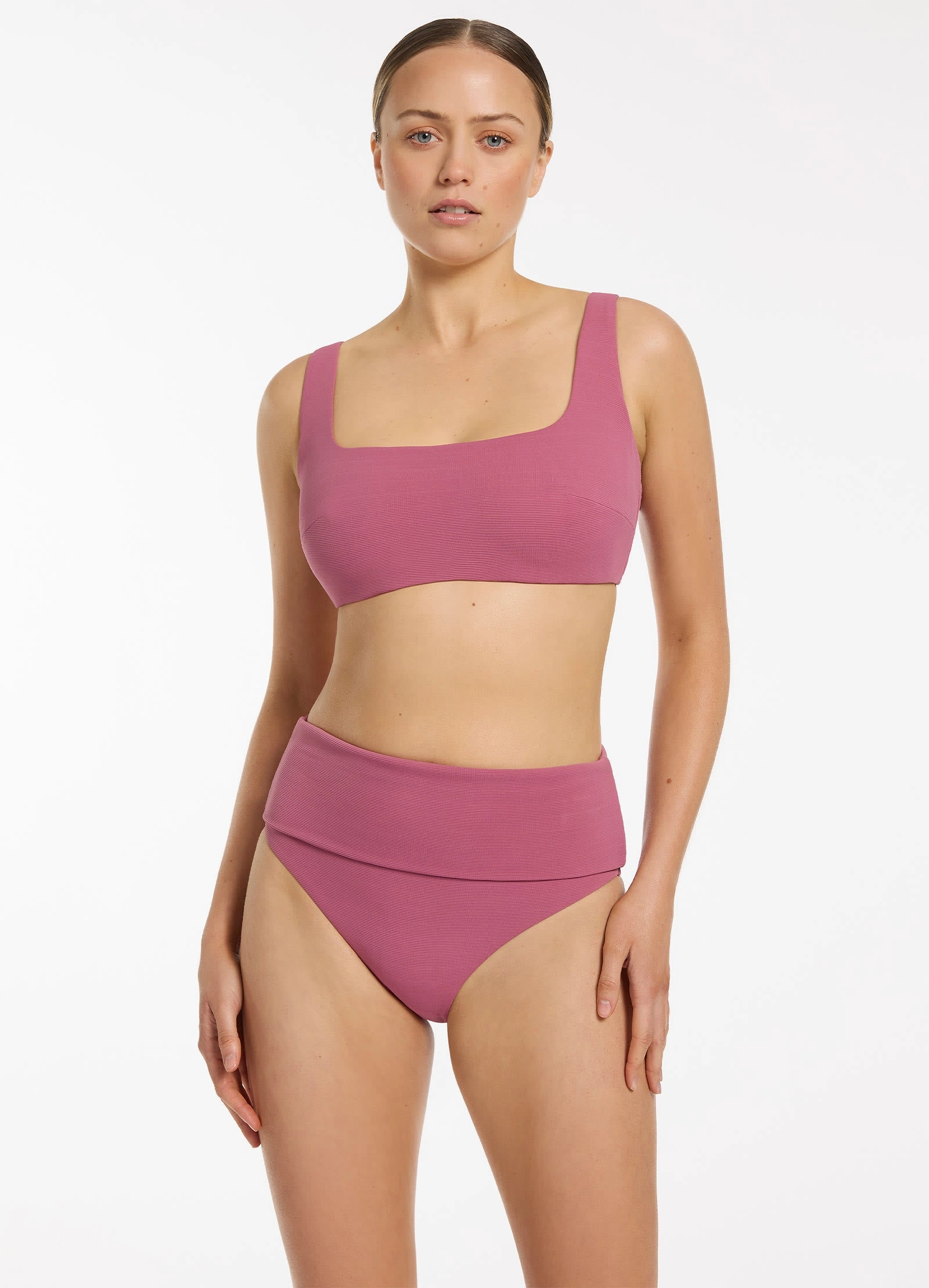Isla Rib Fold Down High Waisted Bikini Bottom - Mauve