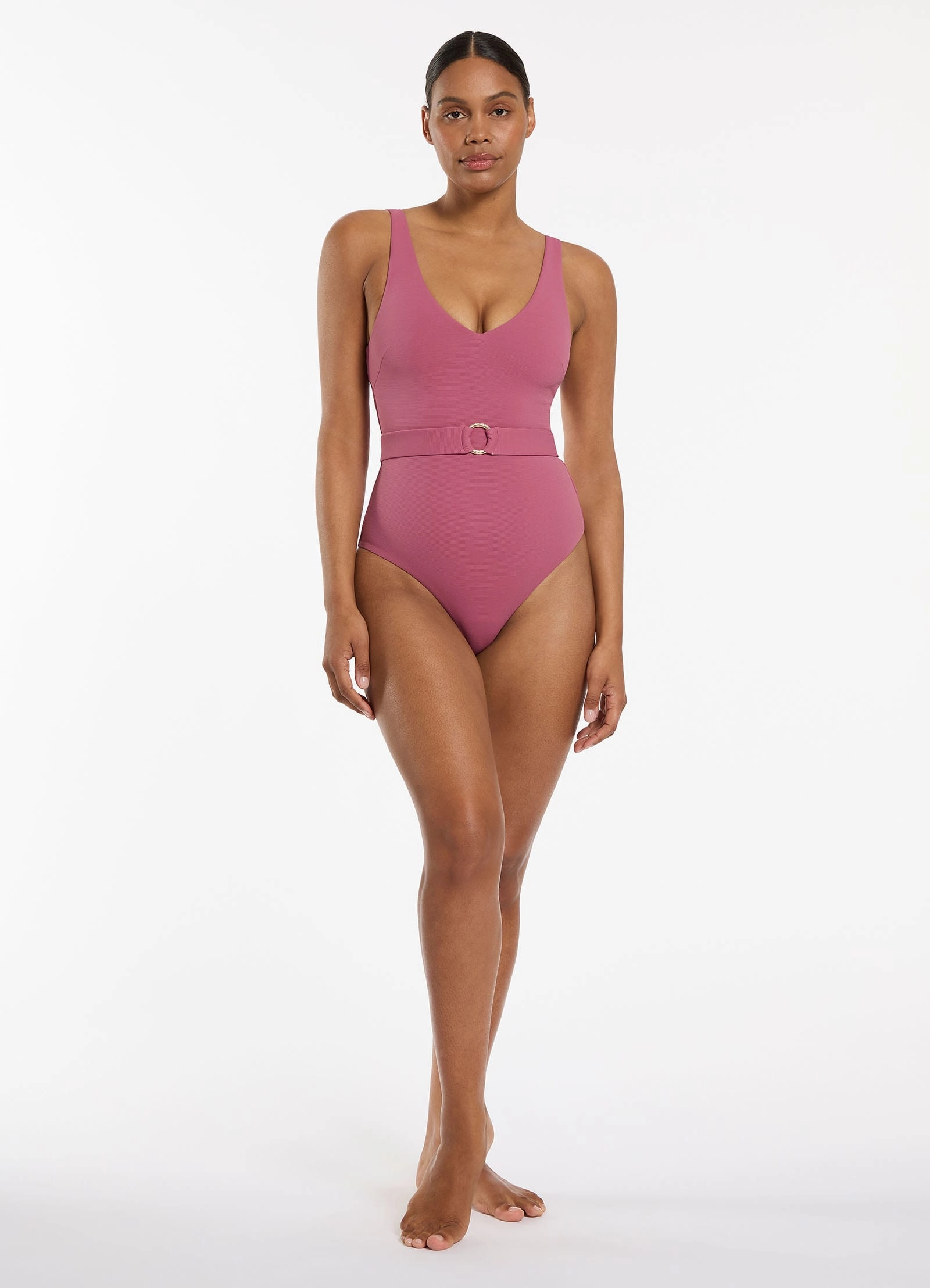 Isla Rib V-Neckline Belted One Piece - Mauve