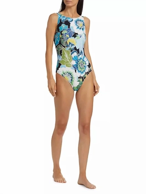 Jenn Tie Back One Piece Swimsuit In Floral Green And Blue