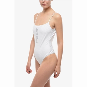 Karl Lagerfeld Solid Color One Piece Swimsuit with Printed Contrasting Women's Logo