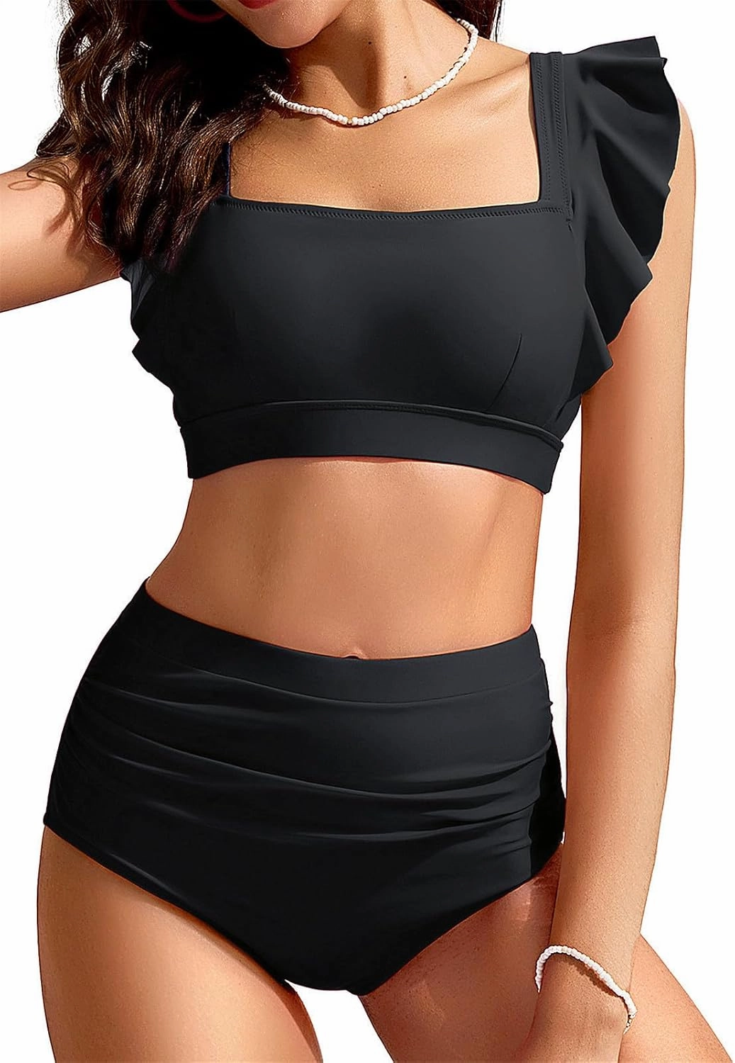Kate Kasin Womens High Waisted Bikini Sets Ruffle Tummy Control Swimsuits Full Coverage Cheeky Two Piece Bathing Suit