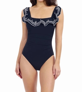 Lola Square Neck Lazer Ruffle One Piece Swimsuit In Black