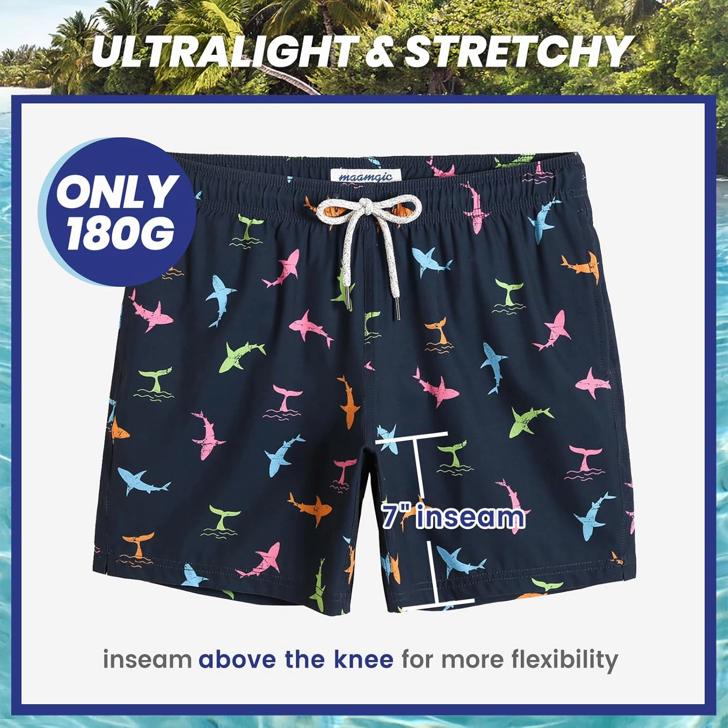 maamgic Mens 7" Stretch Swim Trunks Quick Dry Mesh Lining Swimwear Bathing Suits