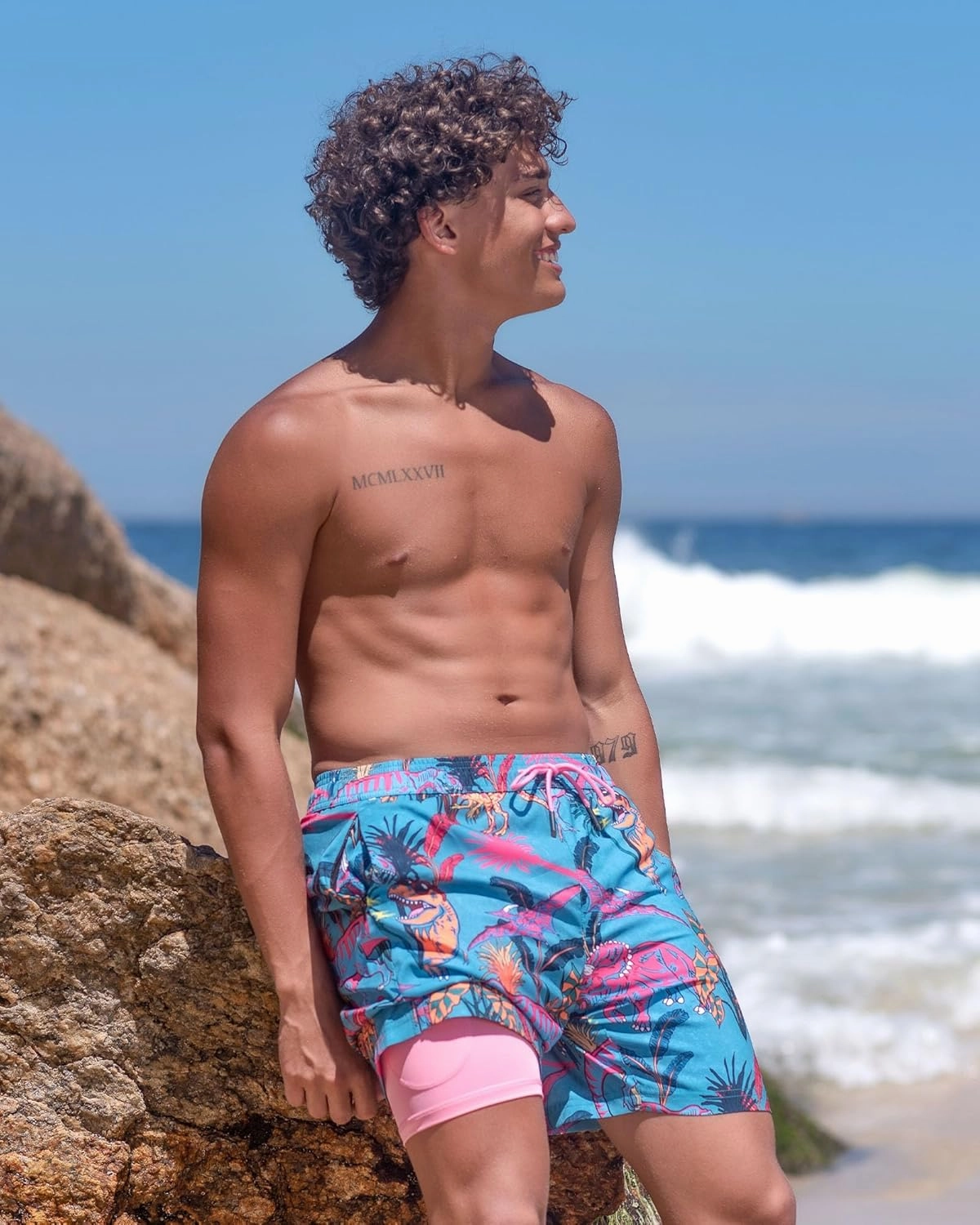 maamgic Mens Swim Trunks 7" Swim Shorts with Compression Liner Quick Dry Swimming Trunks Plaid Grain Bathing Suit