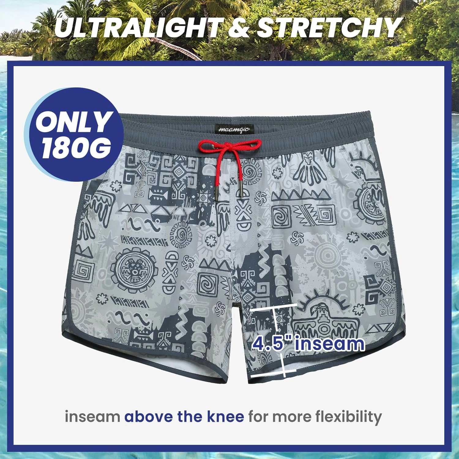 maamgic Mens Swim Trunks Retro Swim Shorts 4 Way Stretch with Mesh Vintage 80s 90s Quick Dry Swimsuits Board Shorts