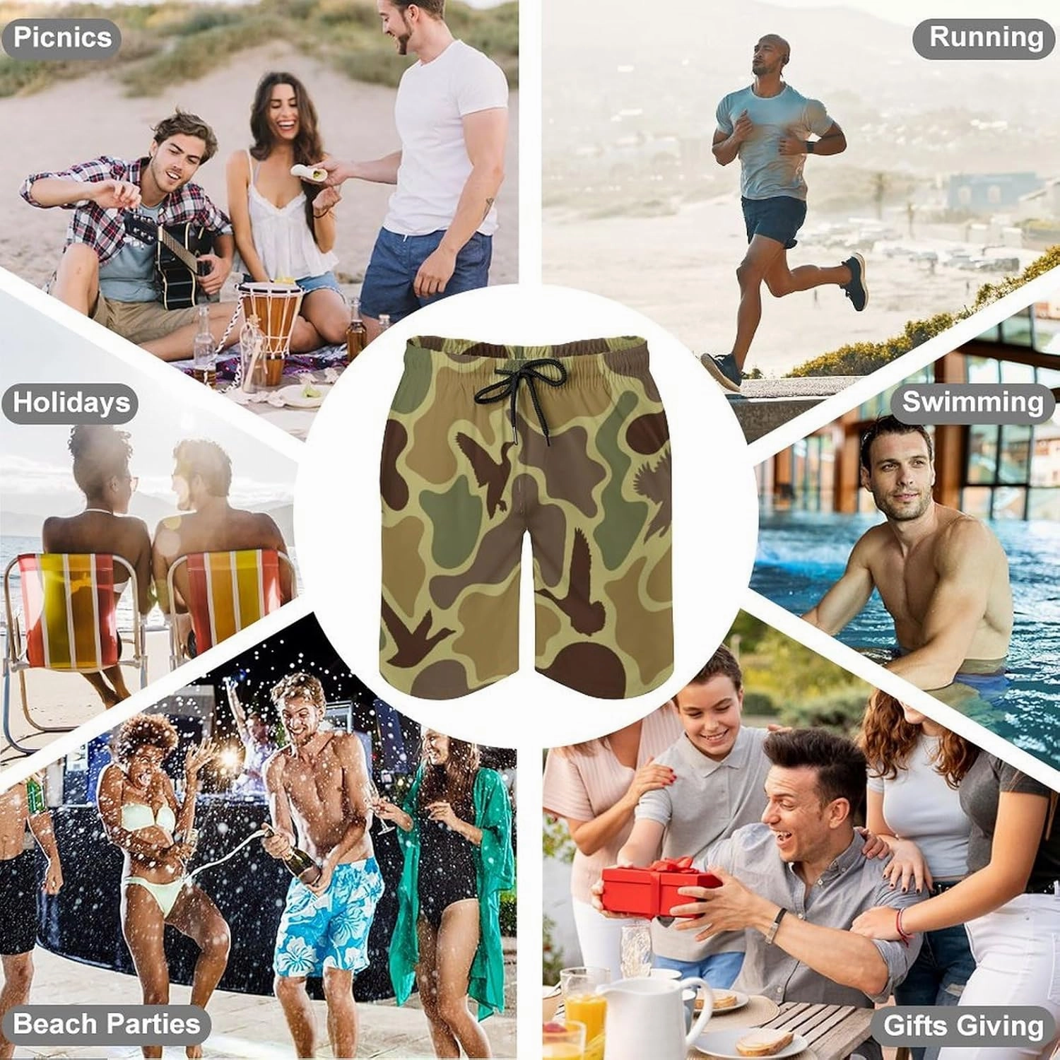 Men's Short Swim Trunks Vintage Brown Camouflage Quick Dry Bathing Suit Beach Swimsuits